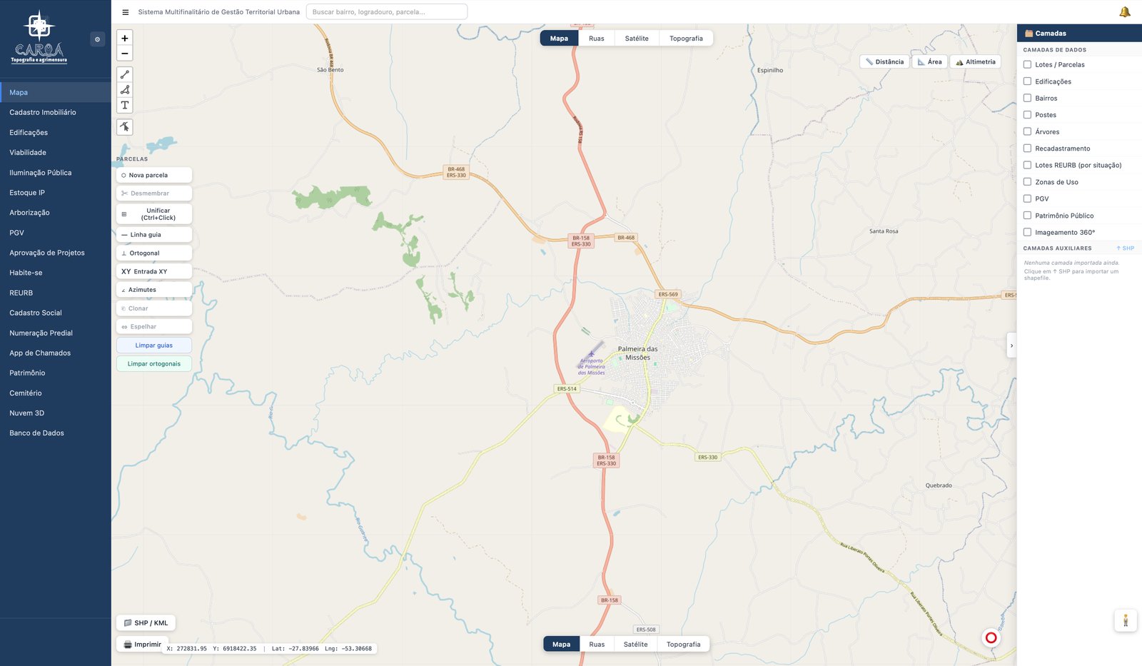 Caroá Cidades Inteligentes — mapa com camadas de dados e ferramentas de edição de parcelas